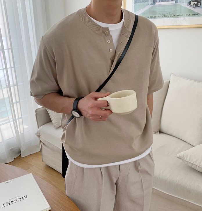 Okwano - Henley gebreide top met korte mouwen
