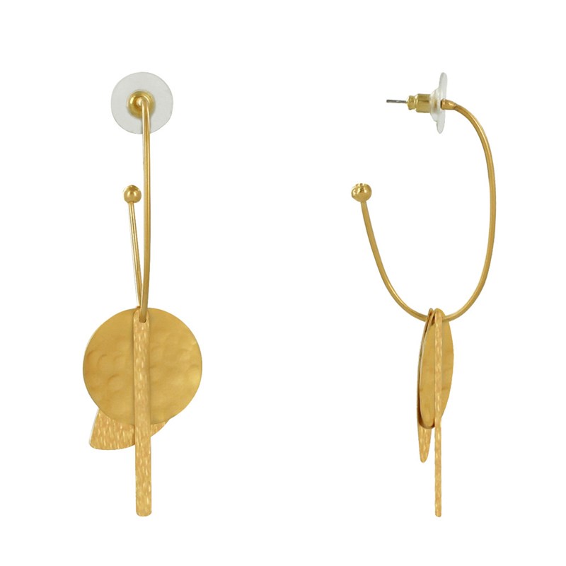 Boucles d'Oreilles Laiton Doré Demi Créole Baguette Pastille et Demi Lune