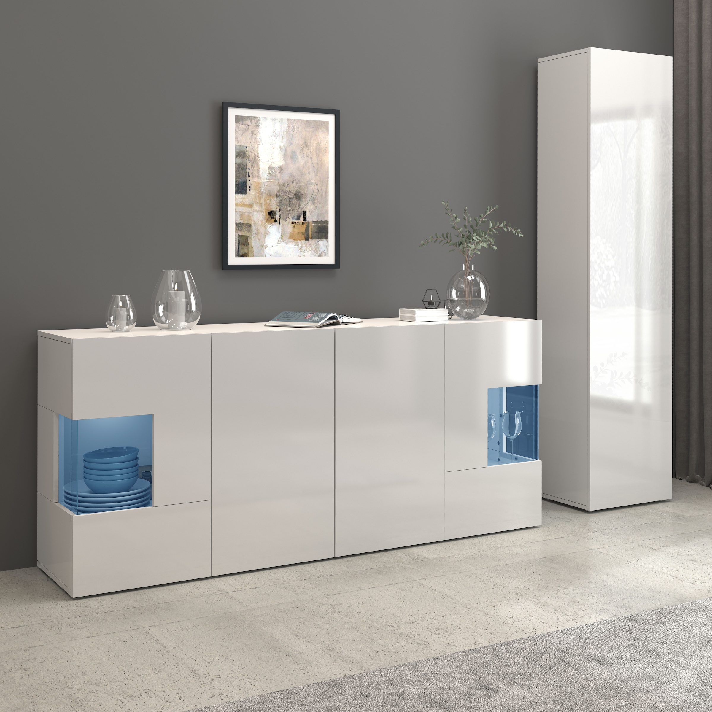INOSIGN Sideboard »Egypt, Kommode, Schrank, Kredenz, Vitrine grifflos« 4 Türen davon 2 mit Glaseinsatz, kompl. Hochglanz lackiert, Breite 180