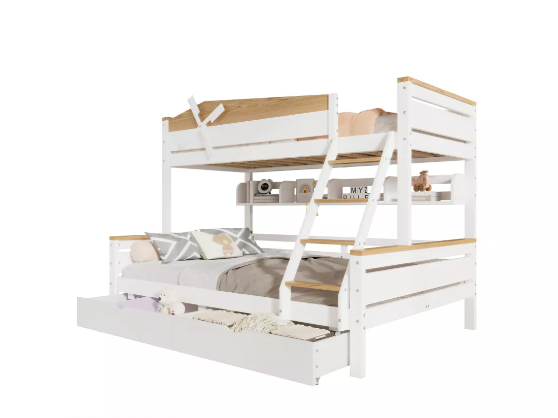 Lit superposé 90x200cm+140x200cm, avec moulin à vent, étagères, échelle et 2 tiroirs, avec grille antichute, pin+MDF, blanc+naturel