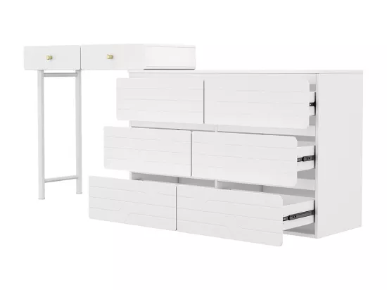Coiffeuse (sans chaise ni miroir), y compris buffet extractible, meuble de rangement 180*40*85cm, trois niveaux, six tiroirs, blanc Blanc