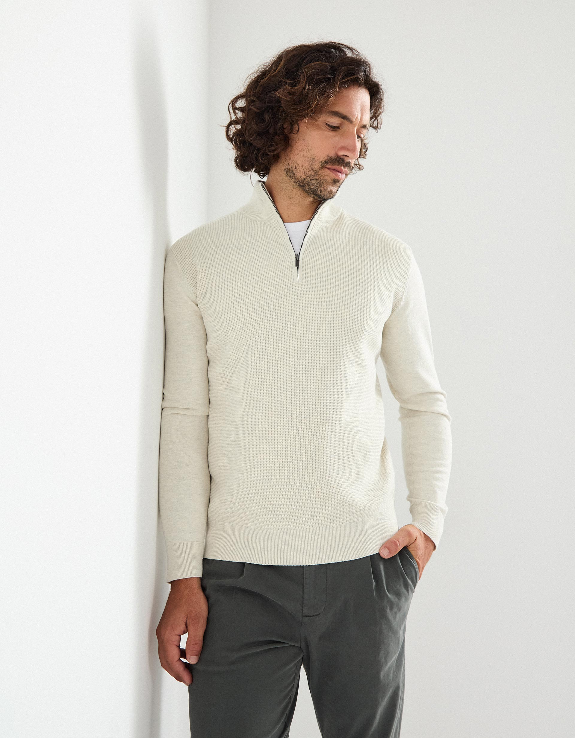 Camisola com Fecho, Homem, Bege