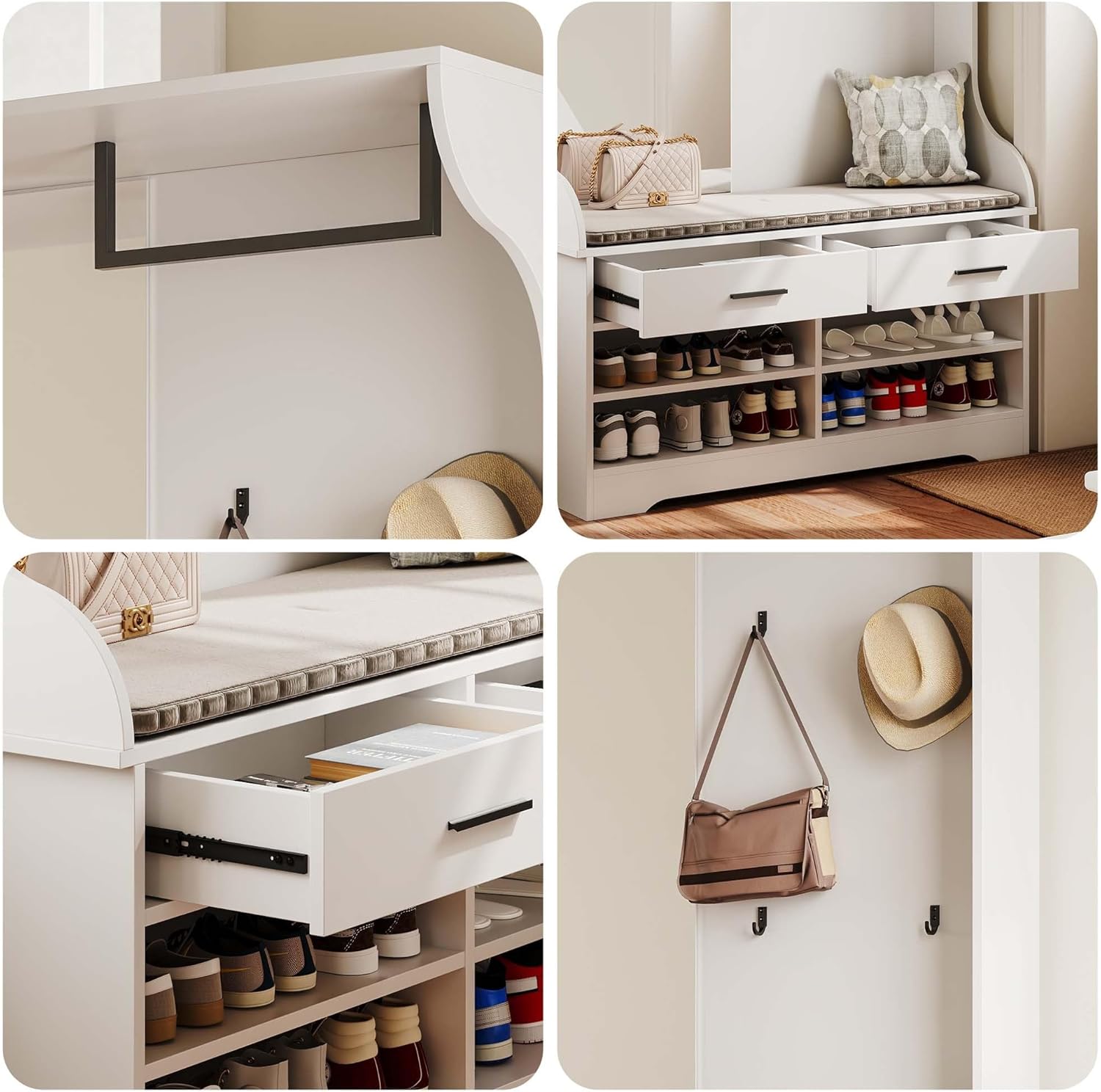 Garderobe Set mit Spiegel, Flurgarderoben Set mit 4 Haken, 2 Schublade, Schuhschrank, Flurschrank mit Wäscheständer, Wandgarderobe,Kompaktgarderobe Schmaler Flur, 104x35x180cm (Weiß)