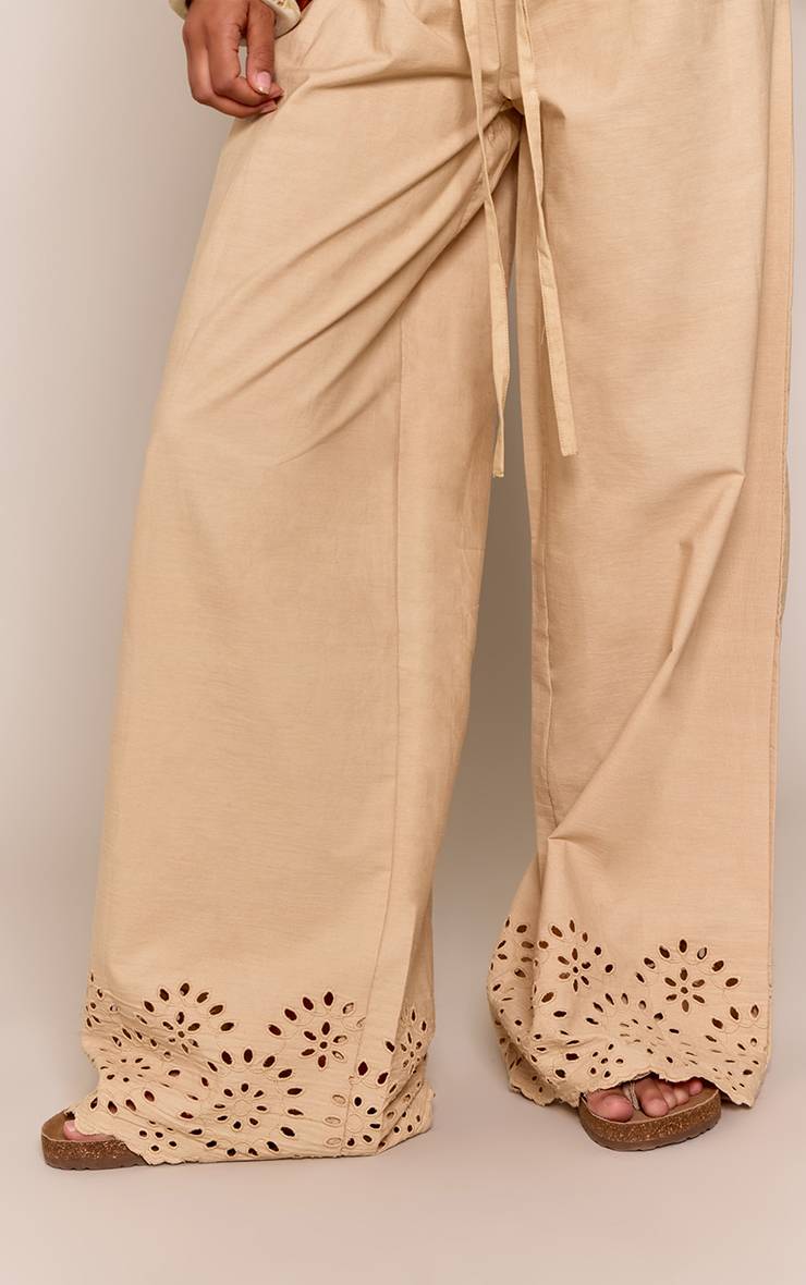 Taupe Pantalon Large En Coton Broderie Anglaise Ensemble Coordonné