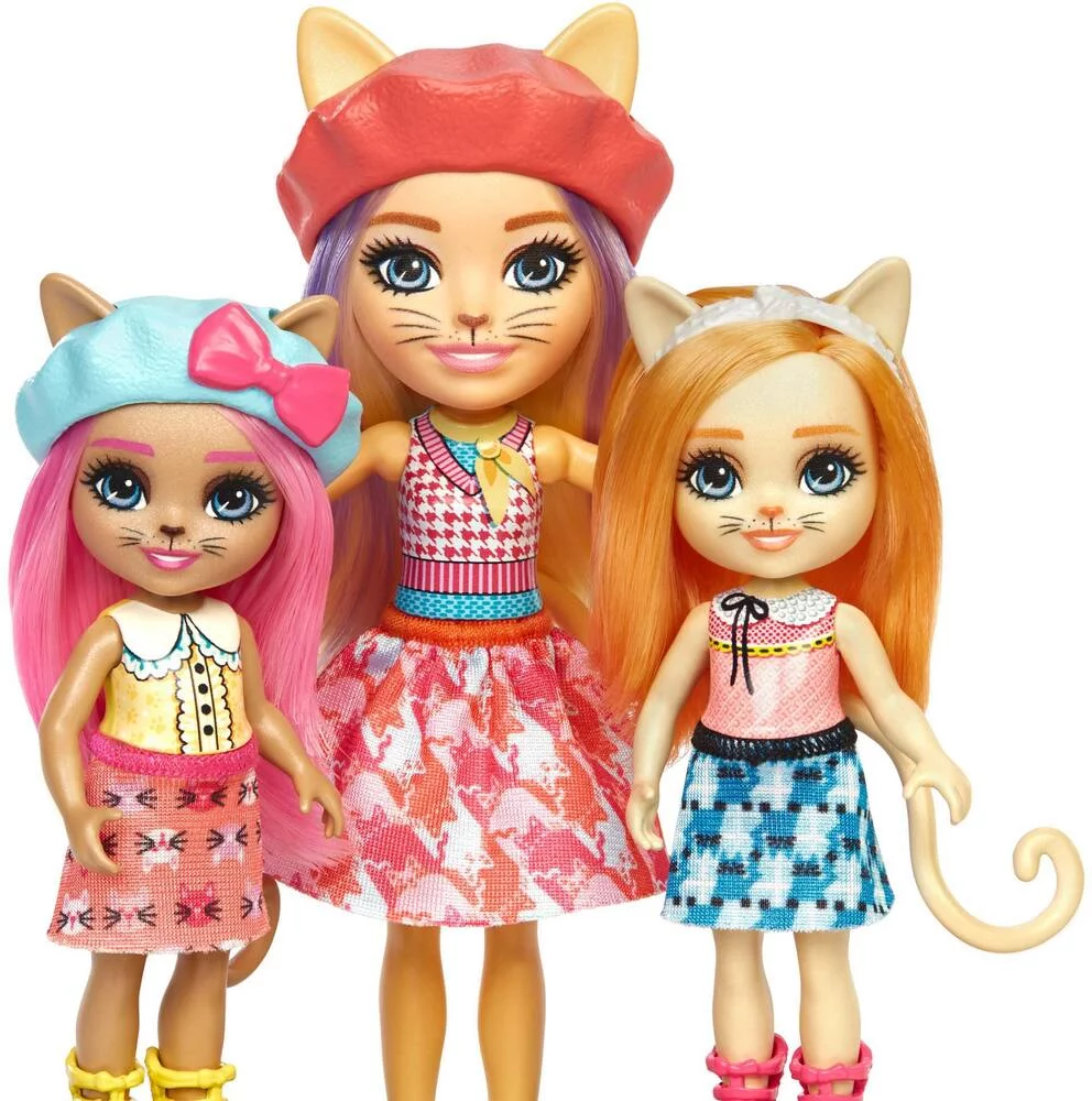 ENCHANTIMALS-COFFRET LA FAMILLE DE CARMEL CHAT AVEC 3 POUPEES, 3 FIGURINES DE CHATS ET ACCESSOIRES, PLUS DE 10 ÉLÉMENTS