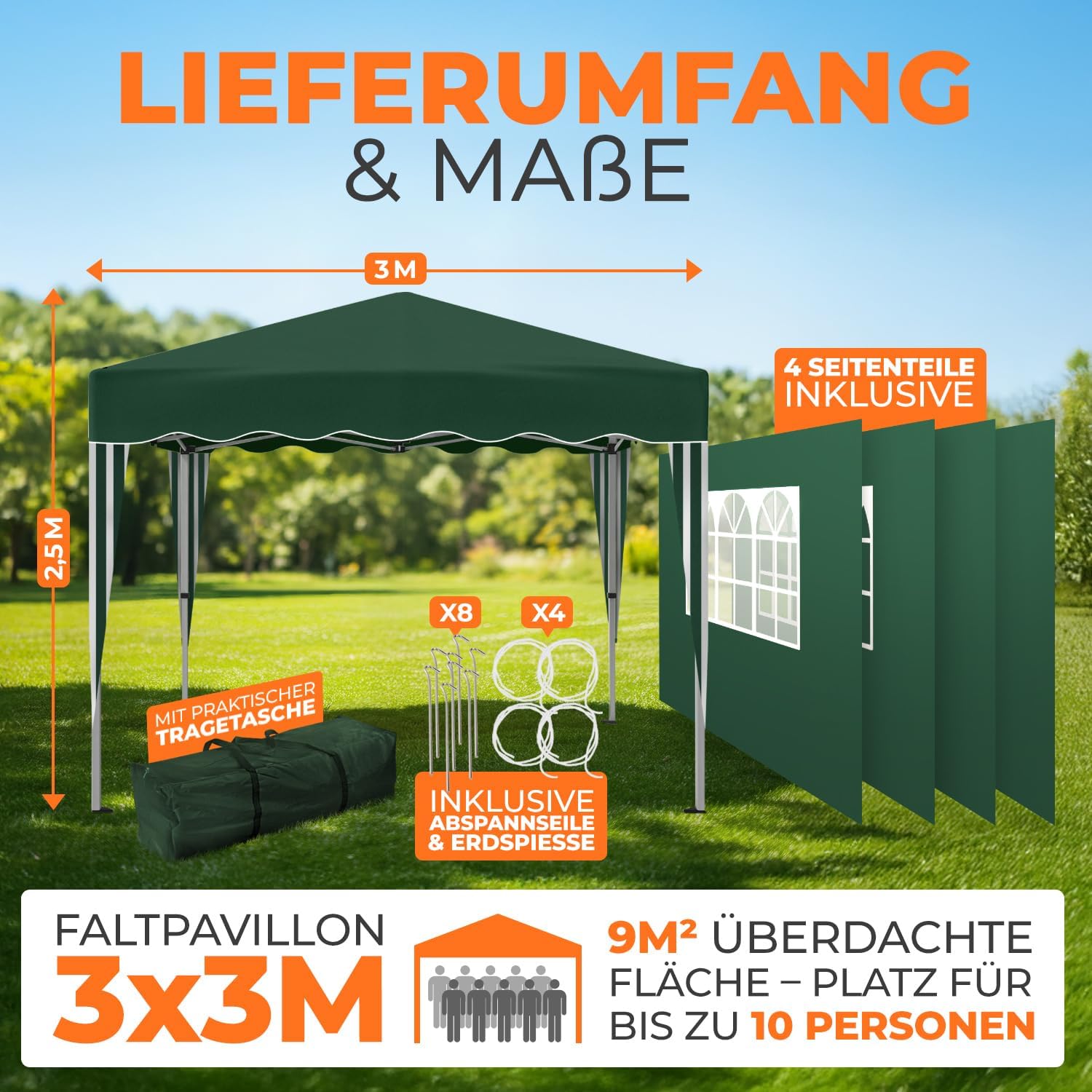Kronenburg Faltpavillon wasserdicht Dachmaß 3 x 3 m UV Schutz 50+ Pavillon in Grün mit 4 Seitenteilen