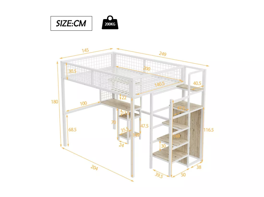 Lit mezzanine enfant 140x200 cm avec structure en fer - avec échelle de rangement、une penderie et un bureau - Blanc