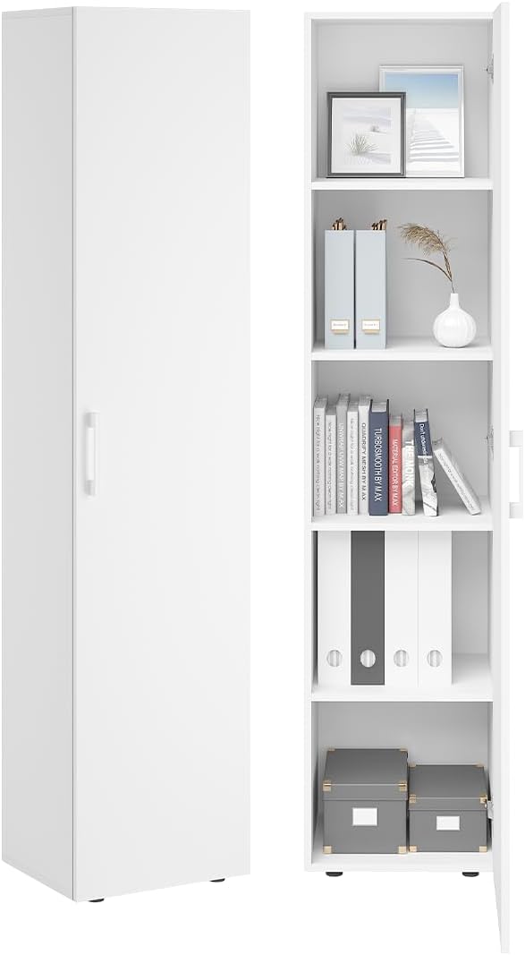 Bellamio Apol Aktenschrank Weiß – Mehrzweckschrank 40 cm breit – Hochschrank schmal aus Holz – Aufbewahrungsschrank mit 5 Fächern & beidseitig montierbare Tür – Büroschrank, Flurschrank
