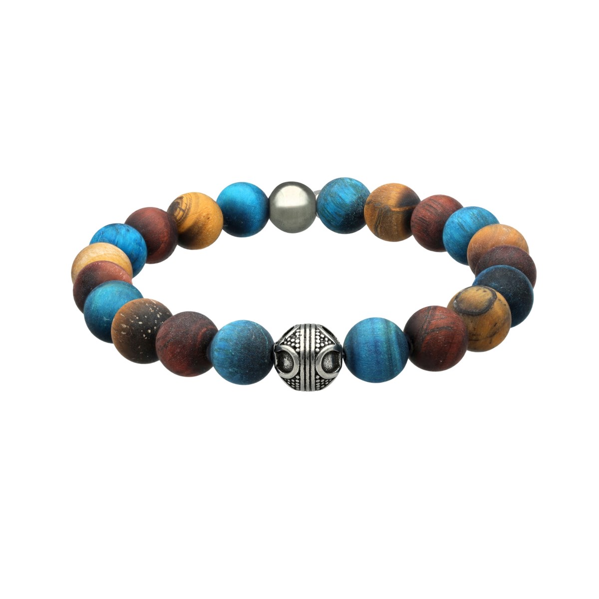 Bracelet Acier Pierres Naturelles Perles Rondes oeil De Tigre Rouge Bleu Et Jaune-Large-20cm
