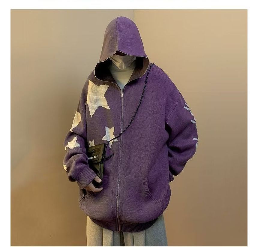 Bay Go Mall - Star Jacquard Hooded Zip Cardigan