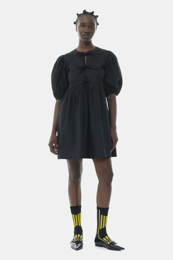 Ganni Cotton Poplin Tie String Mini Dress Black