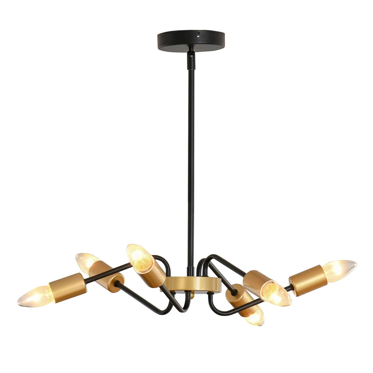 HOMCOM hanglamp, 6-lamps, in hoogte verstelbaar, met E27-fitting, Ø48 x 120 cm, metaal, zwart+goud