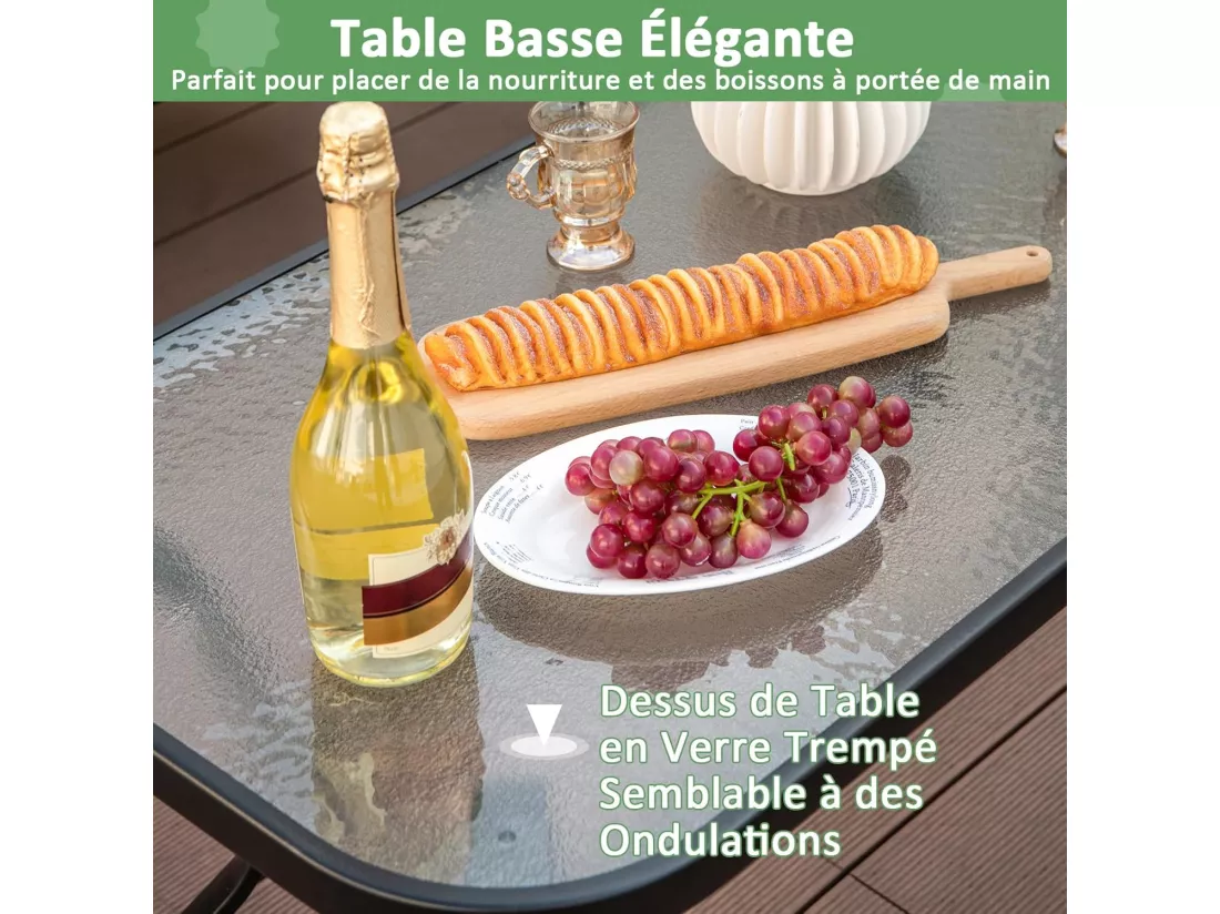 Salon de Jardin 4 Pièces avec Table Basse en Verre Trempé et Coussins Charge 300KG, Ensemble de Canapés de Terrasse avec Cadre Métallique 4 Places, pour Patio Balcon Terrasse
