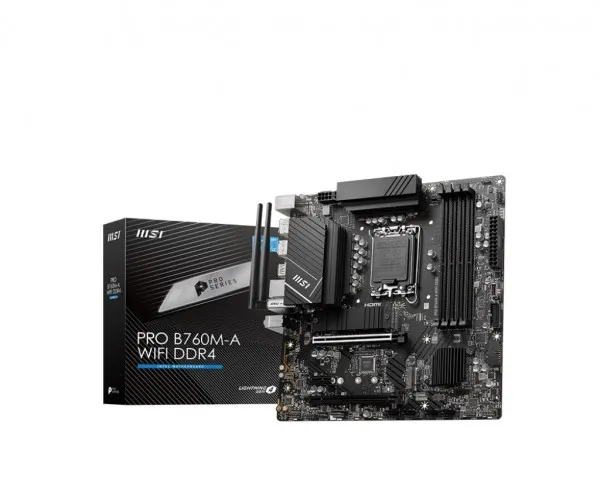 MSI PRO B760M-A WIFI DDR4 - Bundkort - micro ATX - LGA1700 sokkel - B760 Chipset - USB 3.2 Gen 2, USB 3.2 Gen 1, USB-C 3.2 Gen 1 - 2.5 Gigabit LAN, Wi-Fi 6E, Bluetooth - onboard grafik (CPU påkrævet) - HD Audio (8-kanaler)