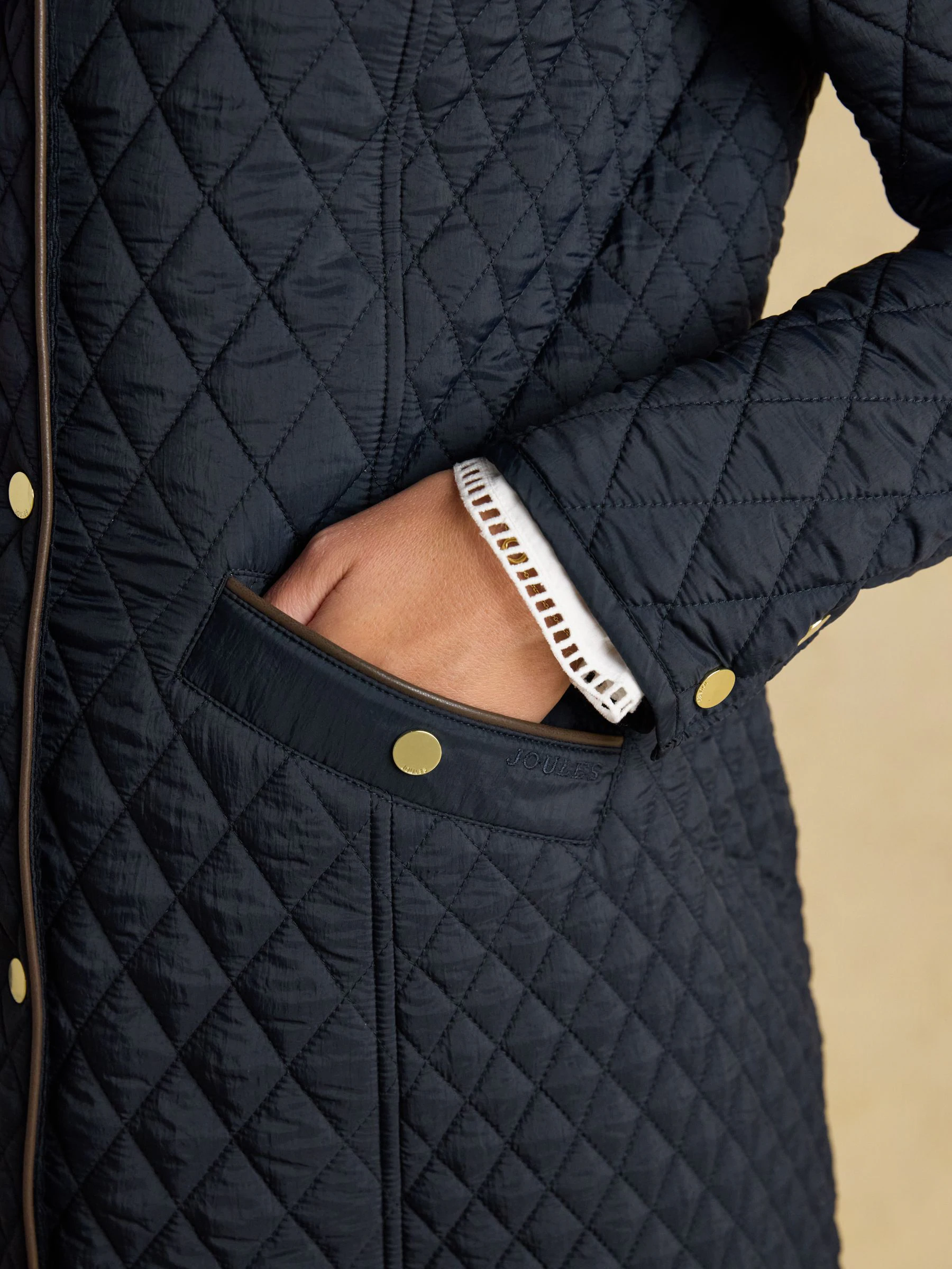Marineblauw - Joules Rosewell Longline Diamond Quilted Showerproof Coat with Collar