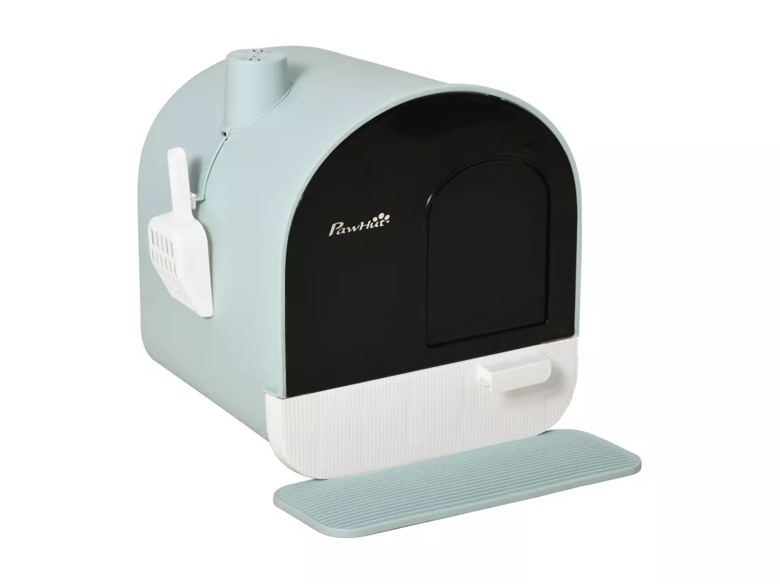 Maison de toilette bac à litière pour chat avec porte battante, pelle et filtre inclus dim. 43L x 44l x 47H cm PP bleu