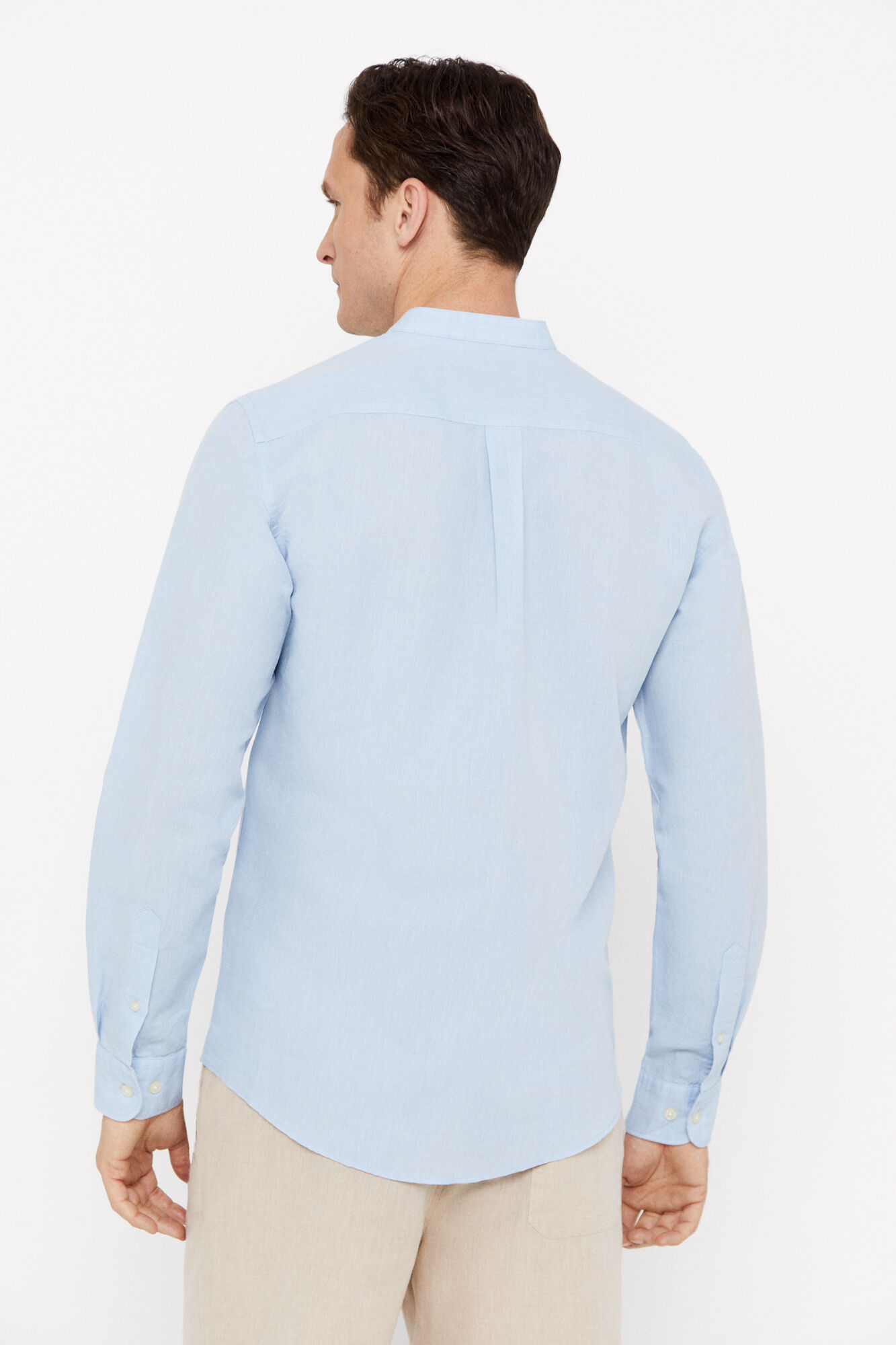 Camisa de linho e algodão com gola mandarim - Azul