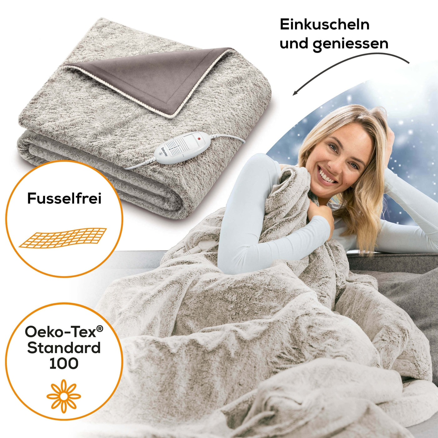 (180x130cm) HD 75 Flausch Heizdecke Elektrische Wärmedecke mit 6 Hitzestufen (42103) - Nordic Taupe