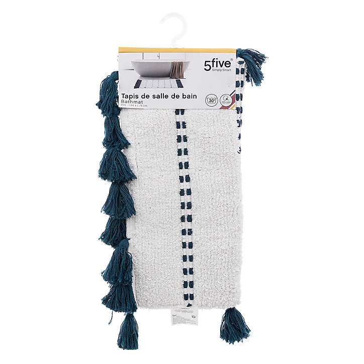 Tapis de bain avec pompons Solar blanc et pétrole
