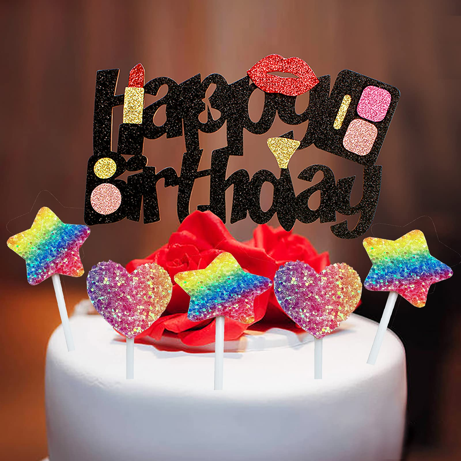 Kuchenstecker Happy Birthday Lippenstift Glitzer Tortenstecker Topper Dekoration für Torten / Kuchen - Schwarz