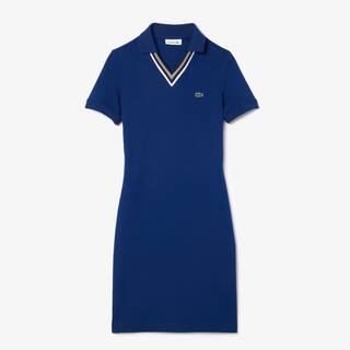 Robe polo slim fit col V en petit piqué extensible Robes & Jupes - Bleu - Lacoste - Femme