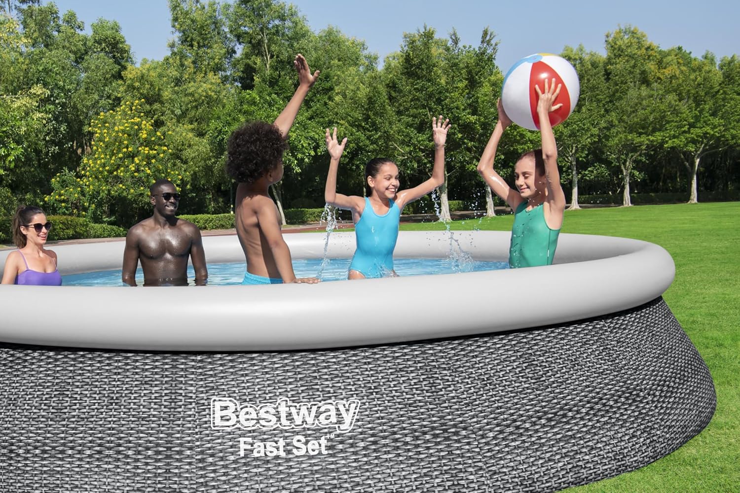 Bestway Fast Set Pool, 457 x 107 cm, Komplett-Set mit Filterpumpe, rund, graue Rattan-Optik