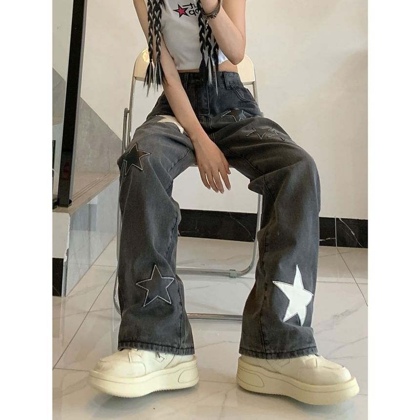 Wisjam - High Rise Star Patchwork Straight Leg Jeans