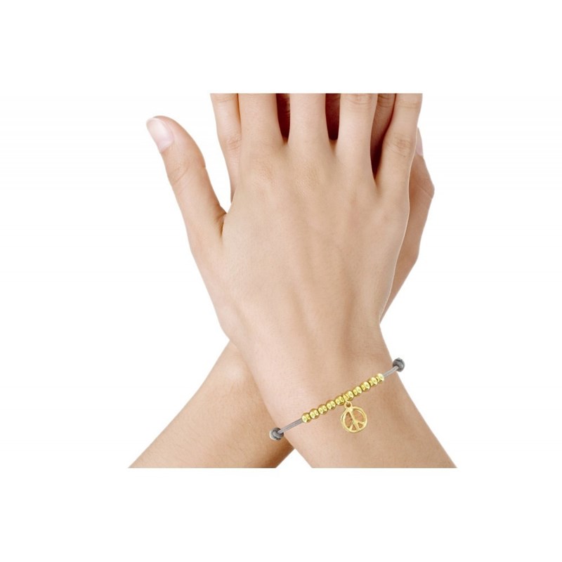 Bracelet Médaille Peace and Love et Perles Plaquées Or - Classics - Vert kaki