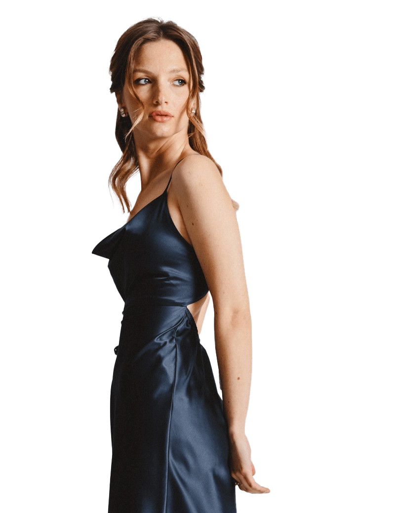 MOLLYBRACKEN ROBE SATIN BENITIER MARINE