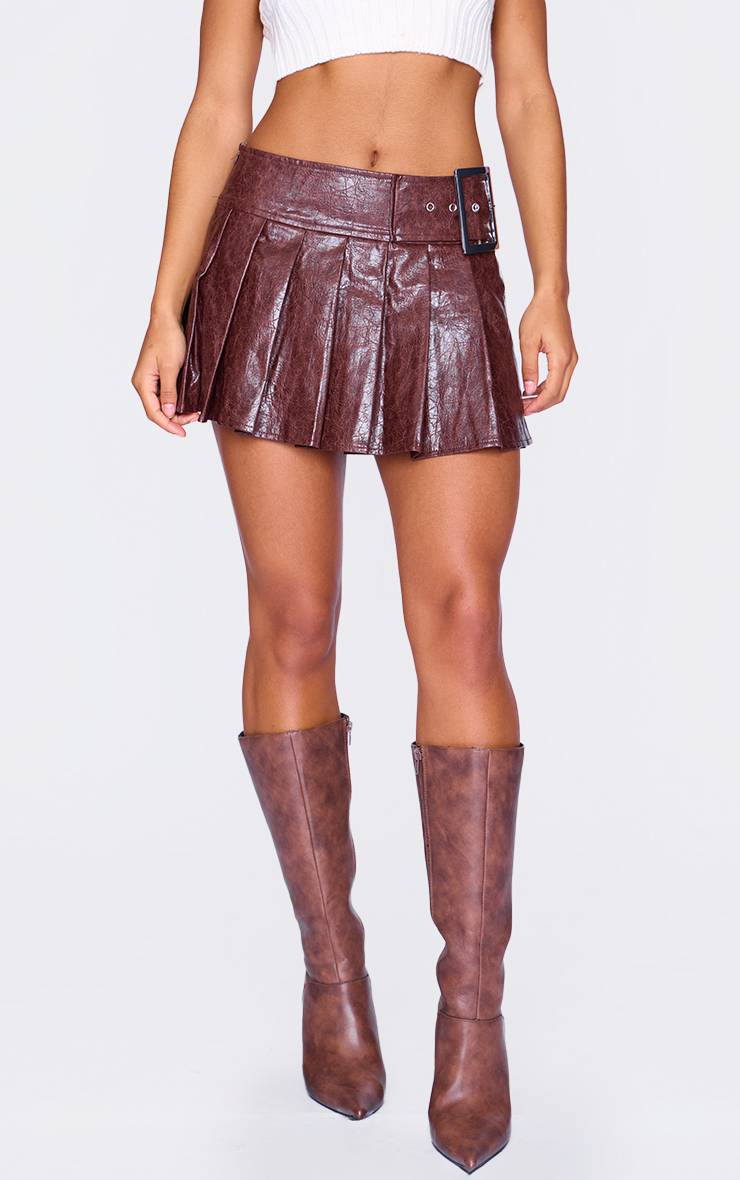 Rouge Bordeaux Mini-jupe Plissée En Synthétiquecuir Avec Ceinture