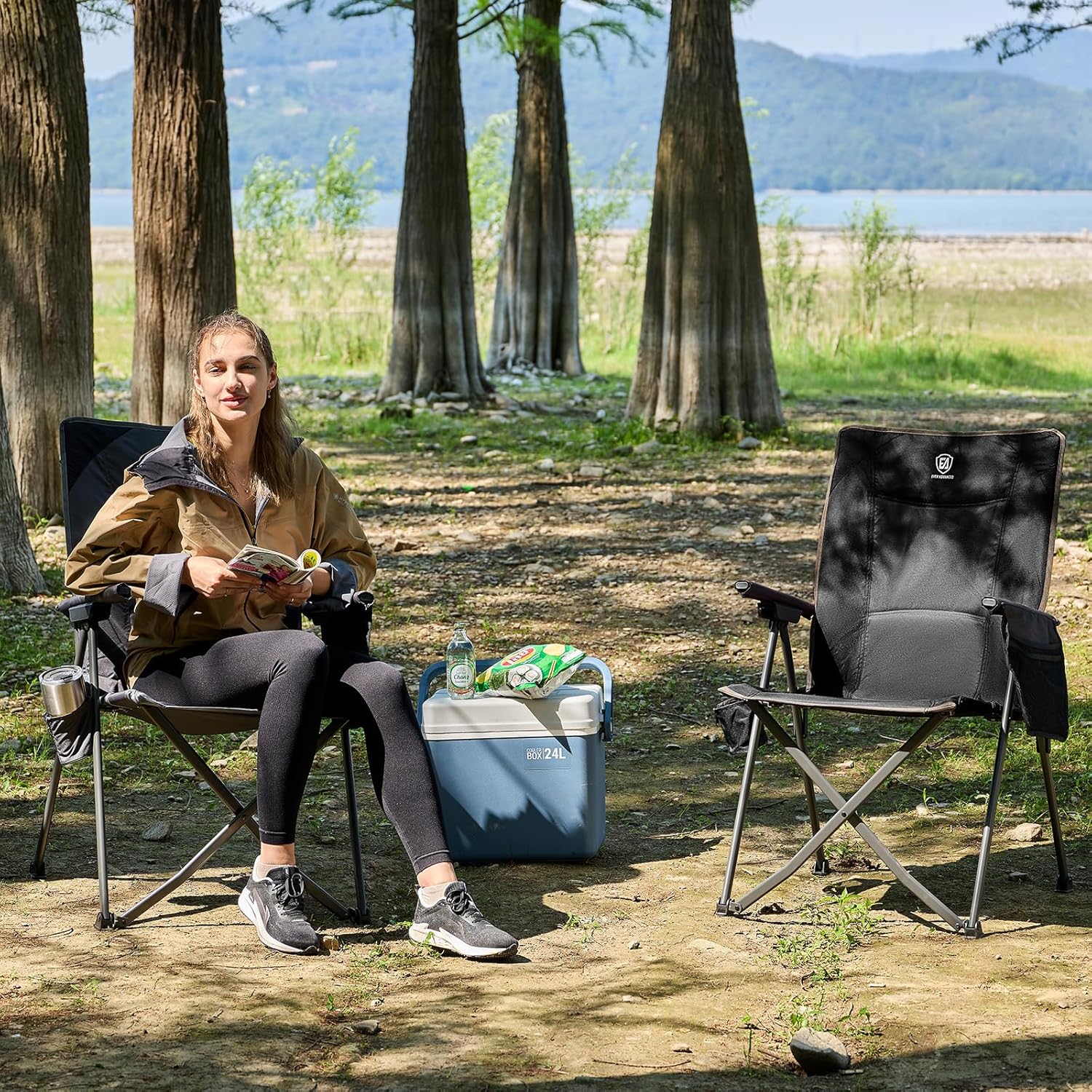 EVER ADVANCED Campingstuhl Faltbar Rückenverstellbar in 4 Positionen 160KG Belastbar, Klappstuhl Recliner Campingstuhl Klappbar mit Seitentasche & Getränkehalter, Angelstuhl für Camping Garten Balkon