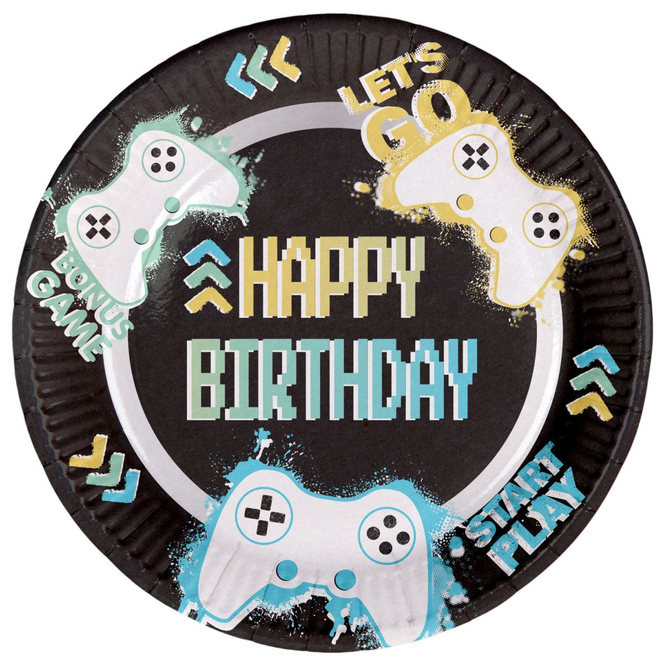 8 Partyteller - Happy Birthday - Level Up - Ø 23 cm
