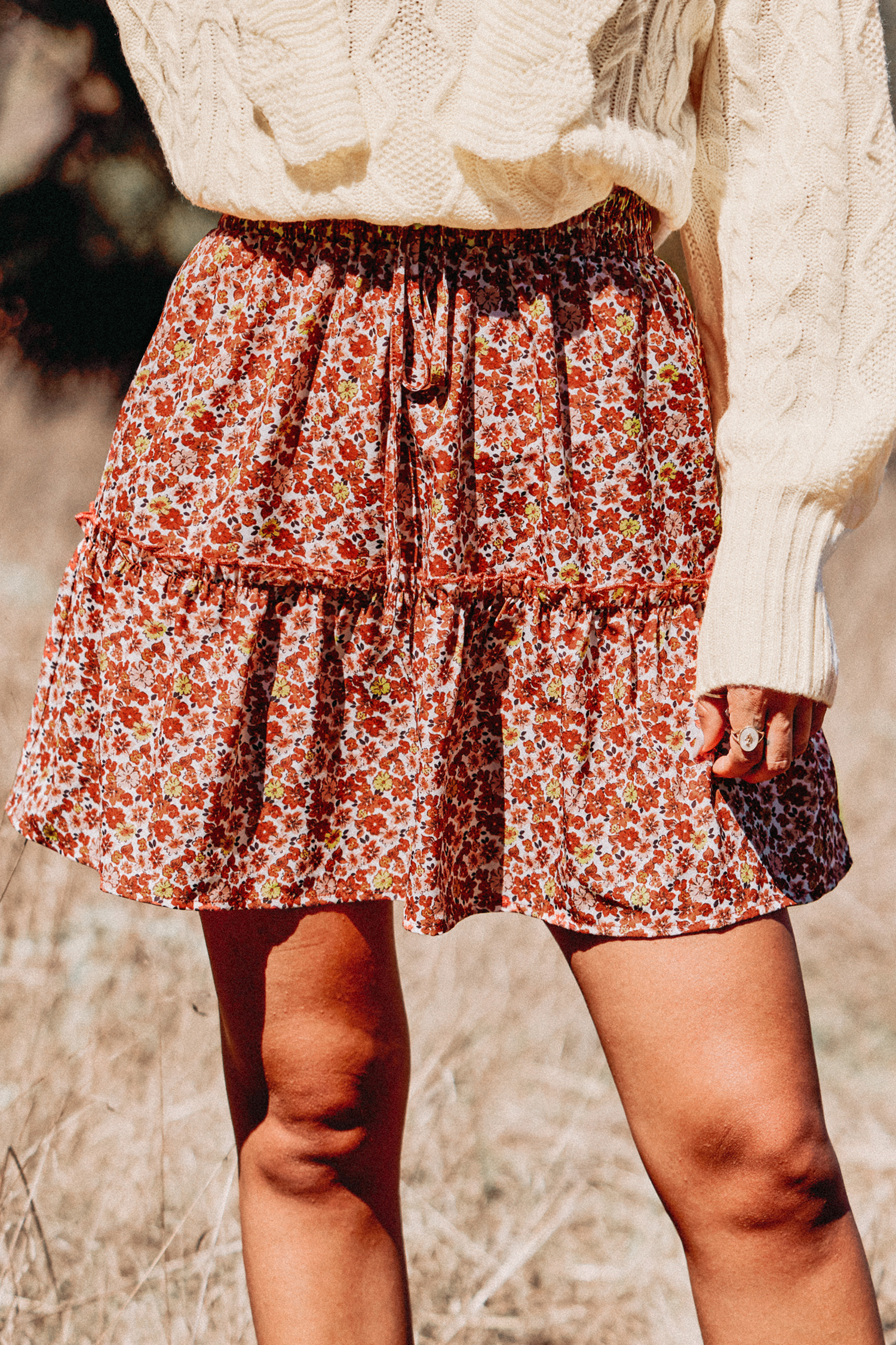 Jupe avec cordon à smocks et imprimé floral