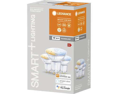 Ledvance Smart WIFI LED Reflectorlampen, dimbaar, PAR16/PAR51 GU10/5W (40W), mat, 350 lm, 2700-6500 K, warm wit-daglichtwit, 3 stuks