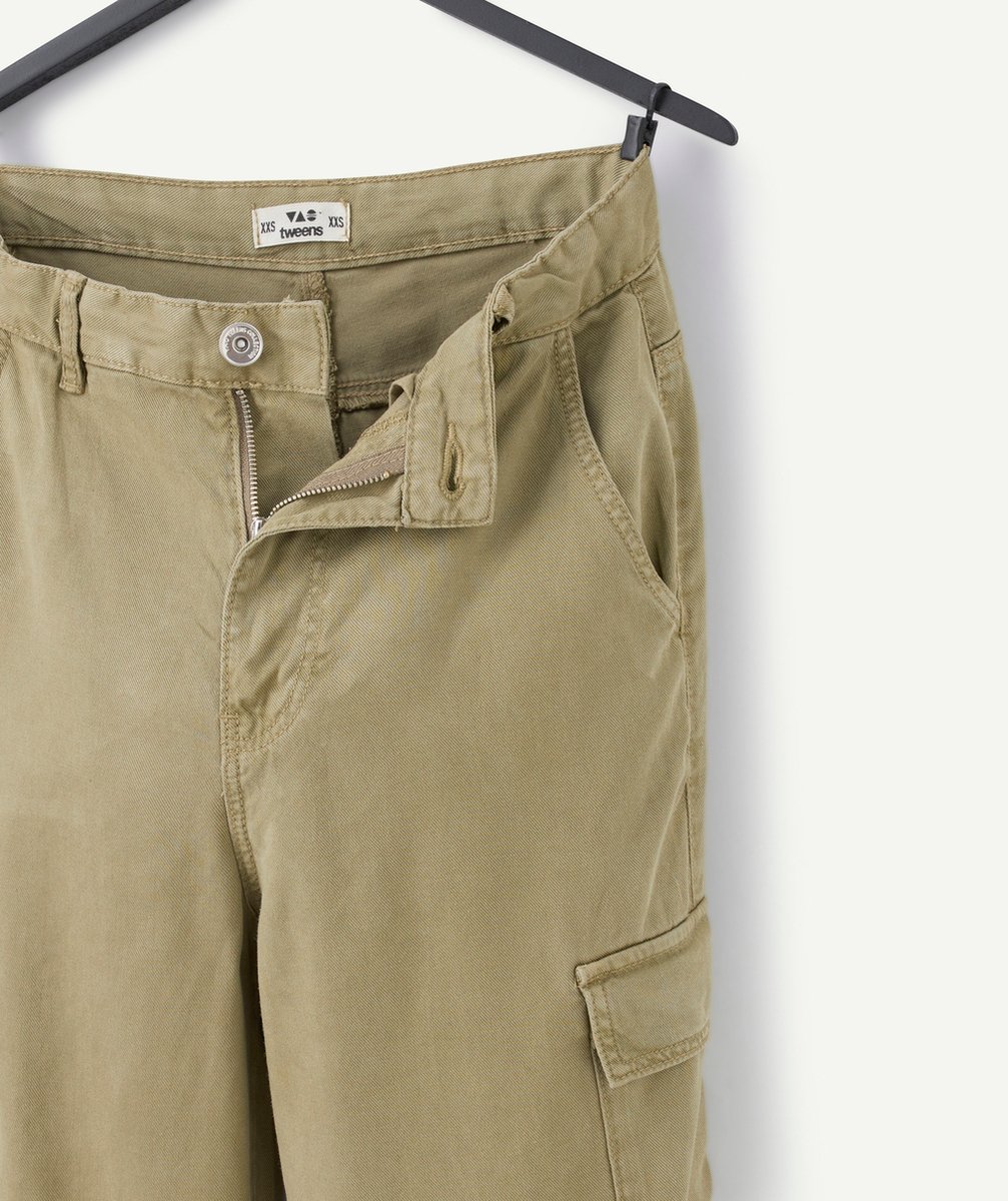 pantalon large fille en viscose responsable kaki avec poches cargo