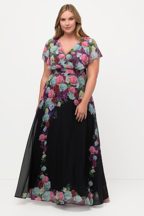 Maxikleid, Chiffon, Blüten, V-Ausschnitt, Halbarm