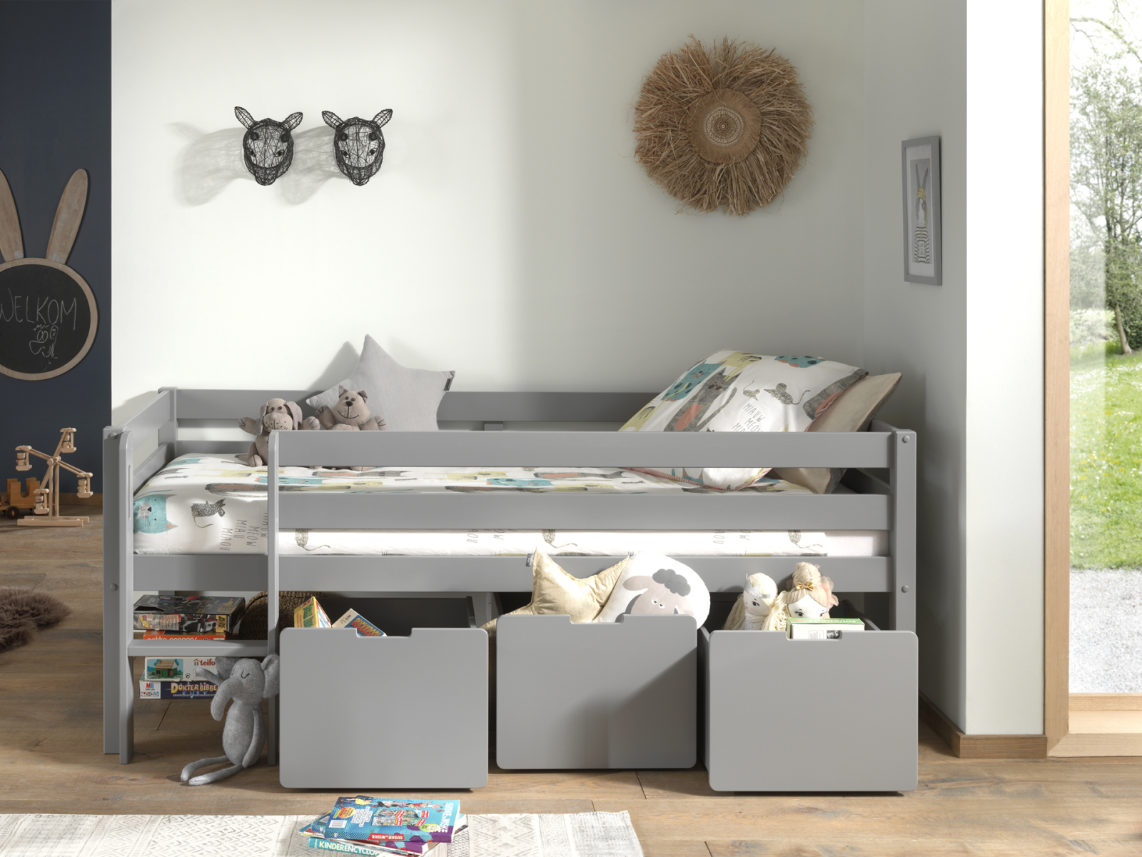Kojen-Spielbett - grau - Leiter - Schubladen - 90x200 cm