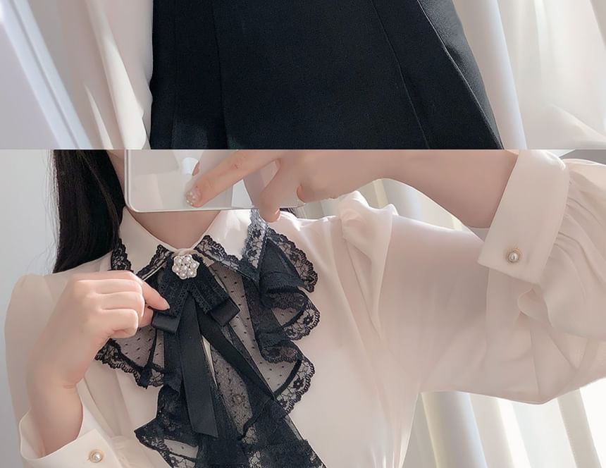 RONIN - Blouse met pofmouwen, kanten rand en strik