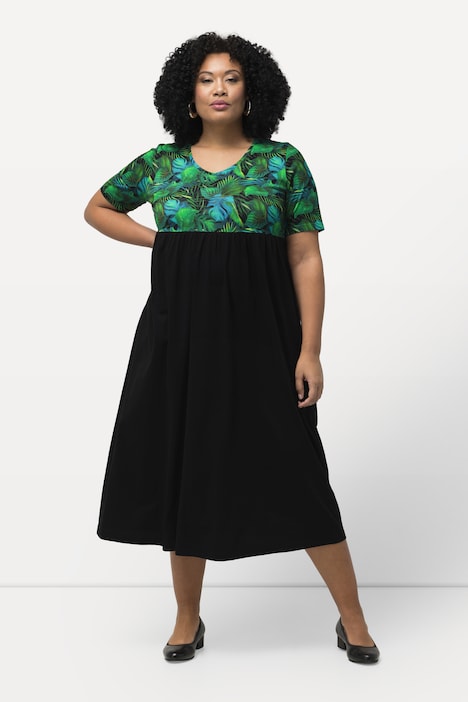 Jerseykleid, Blätter, A-Linie, V-Ausschnitt, Halbarm