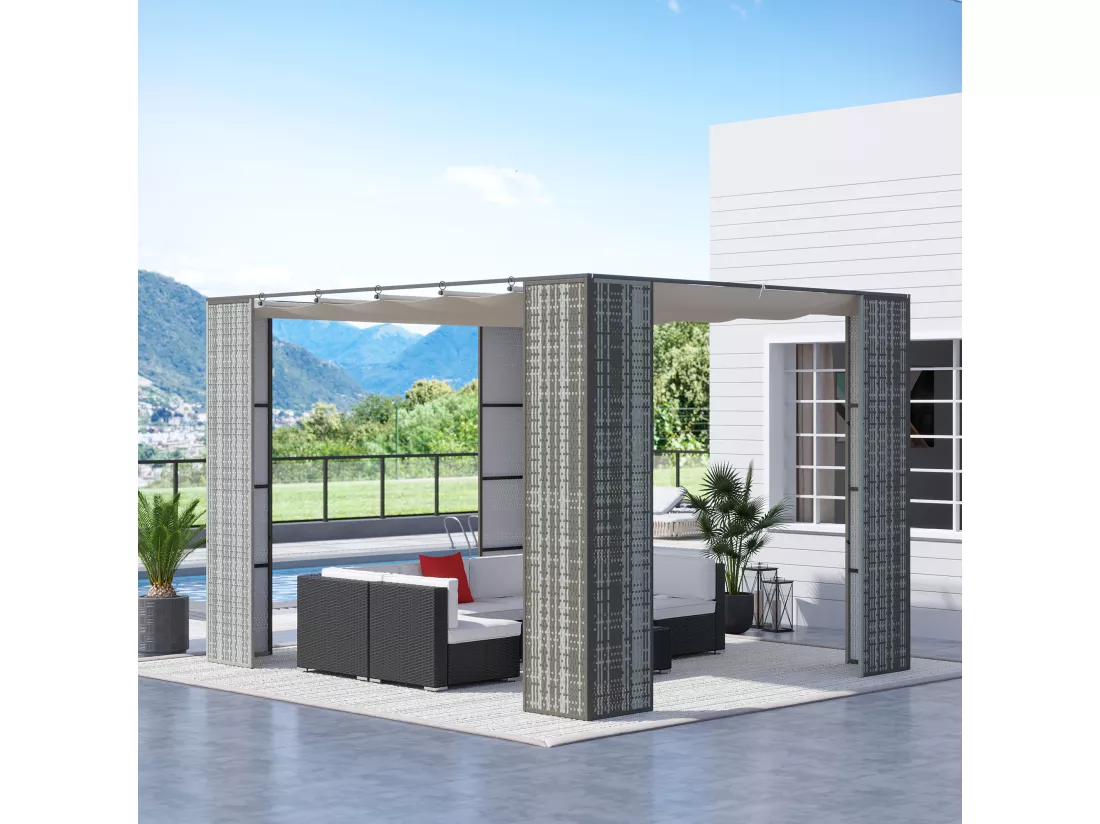 Pergola rétractable style colonial dim. 2,98L x 2,98l x 2H m métal époxy anticorrosion résine tressée grise toile polyester haute densité 180 g/m² crème
