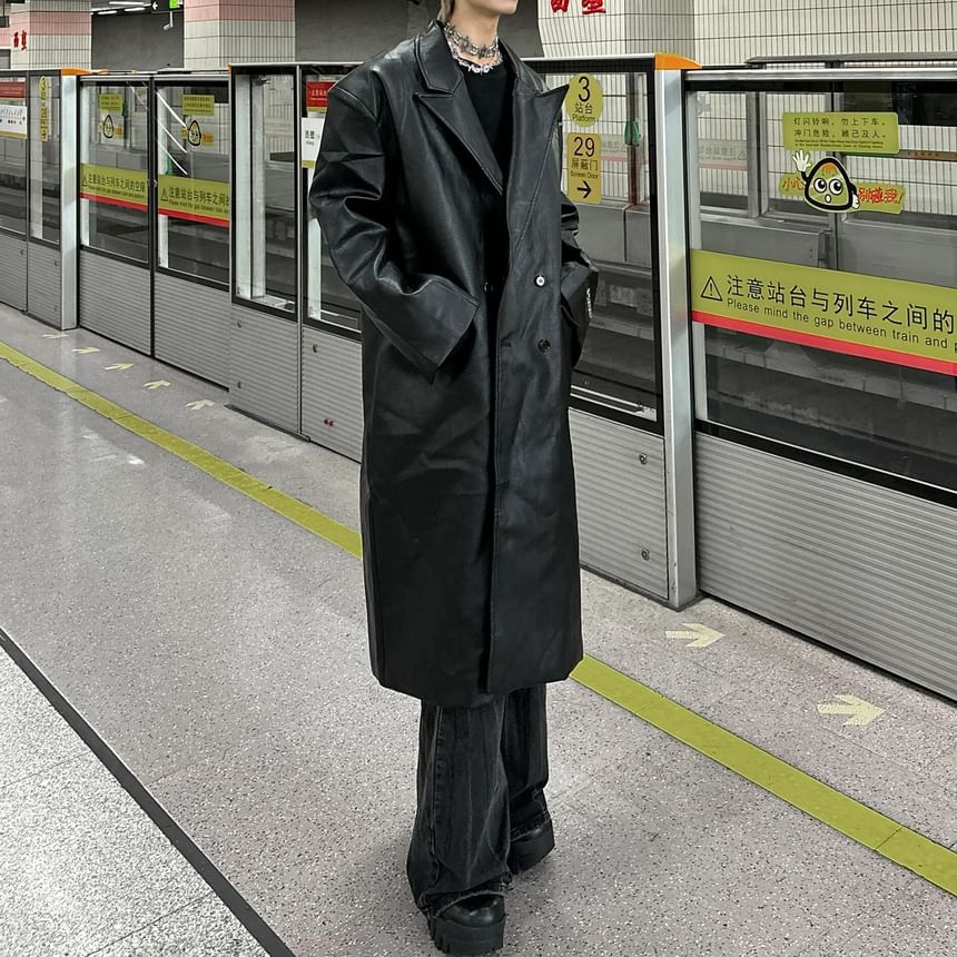 DragonRoad - Dubbele rij knopen imitatieleren lange jas
