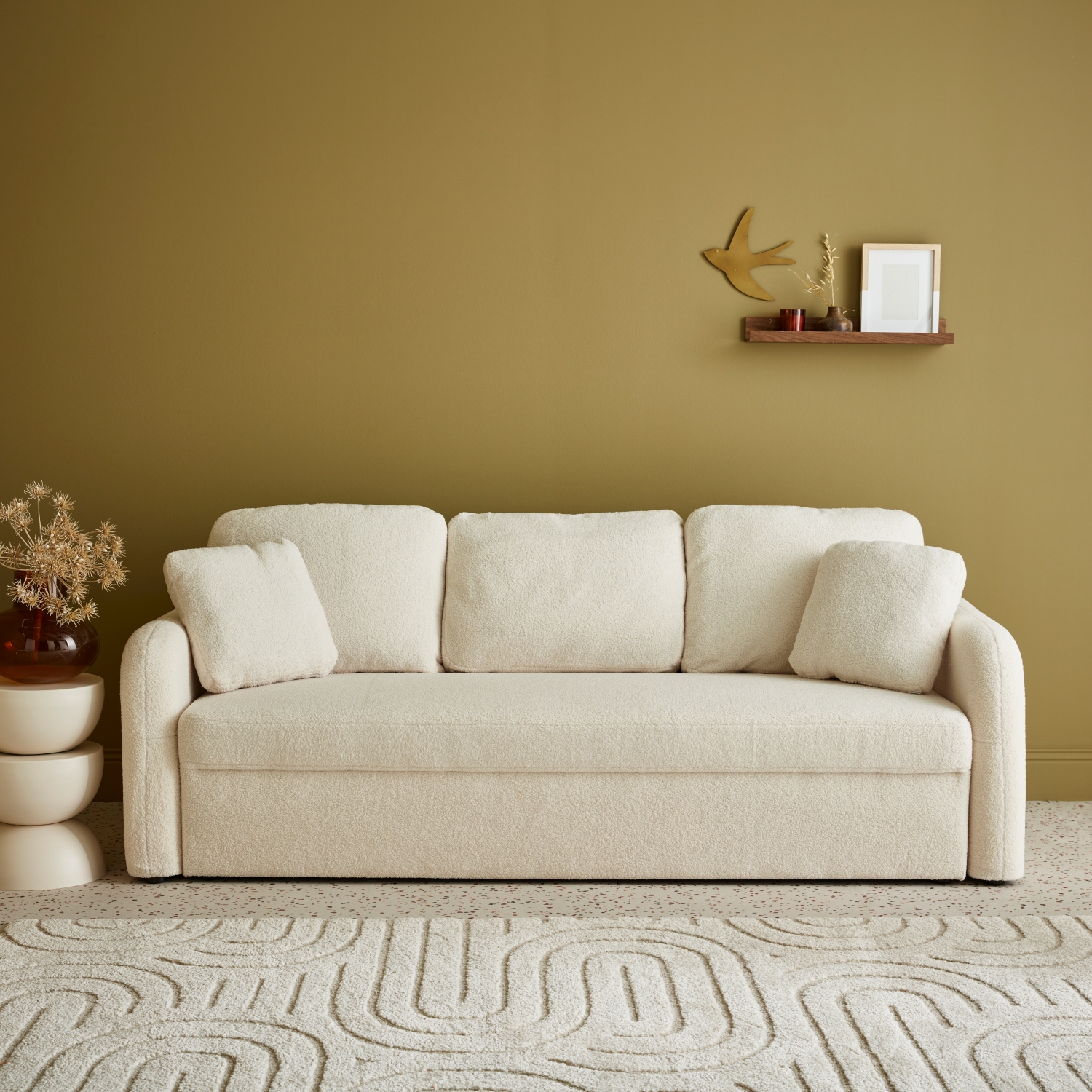 Canapé 3 places cosy rond. Tissu bouclettes blanches. Milano. L 210 x p 85 x h 85cm