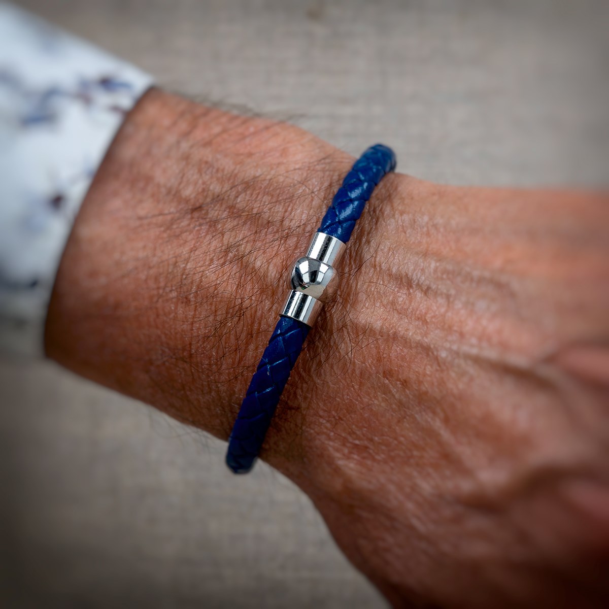 Bracelet acier avec cuir bleu