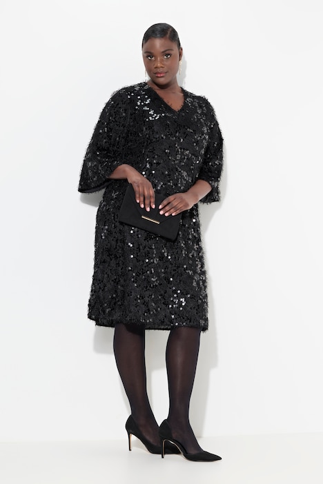 Kleid, Fransen, Pailletten, V-Ausschnitt, 3/4-Arm