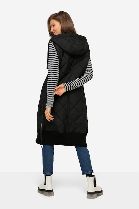 Steppweste, lange Form, Kapuze, 2-Wege-Zipper, Rippsaum