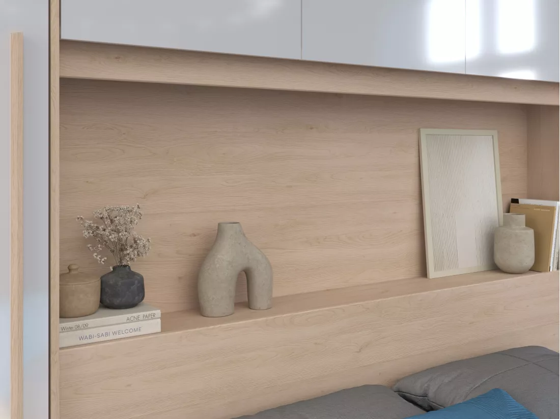 Lit pont 140 x 190 cm avec rangements - Avec LEDs - Coloris : Naturel et blanc brillant - VELONA