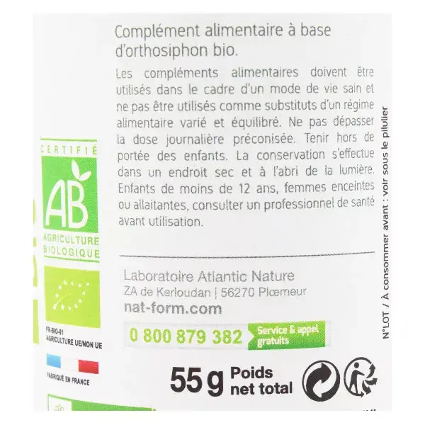 Cápsulas Vegetais Orgânicas de Orthosiphon 200 da Nat & Form