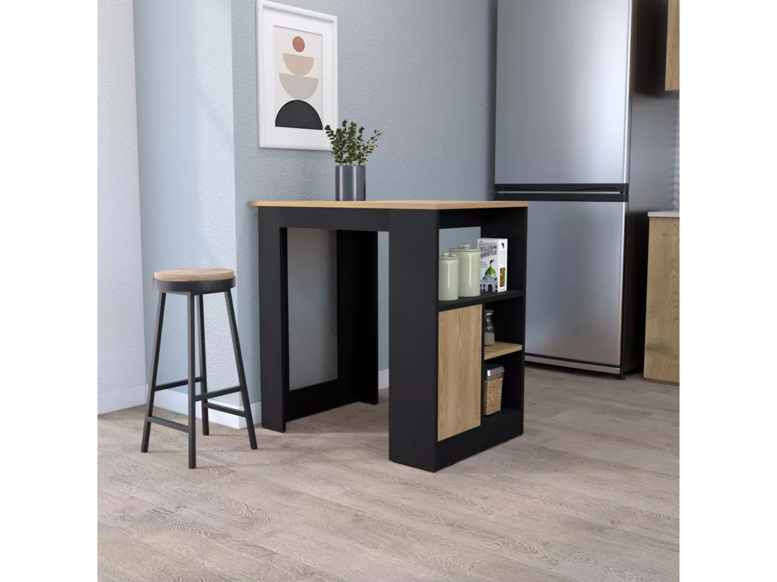 Ilot de cuisine Stirling en mélaminé avec 3 étagères et porte de rangement inférieure , Noir / Beige , 91.3 cm X 92 cm X 59 cm