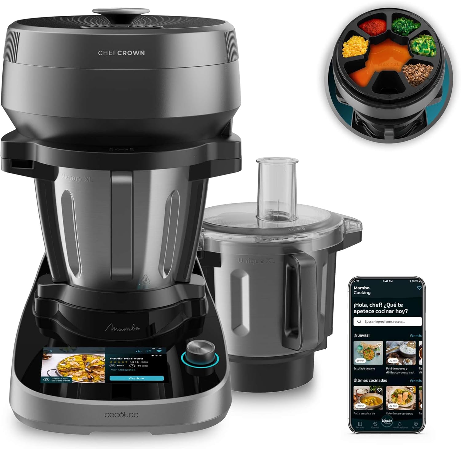 Cecotec Küchenroboter mit Lebensmittelspender Mambo CooKing Total Gourmet Essential, 2200 W, 45 Funktionen, Tausende von geführten Rezepten, 5L Unique Krug und 5L Victory Krug, Zubehör