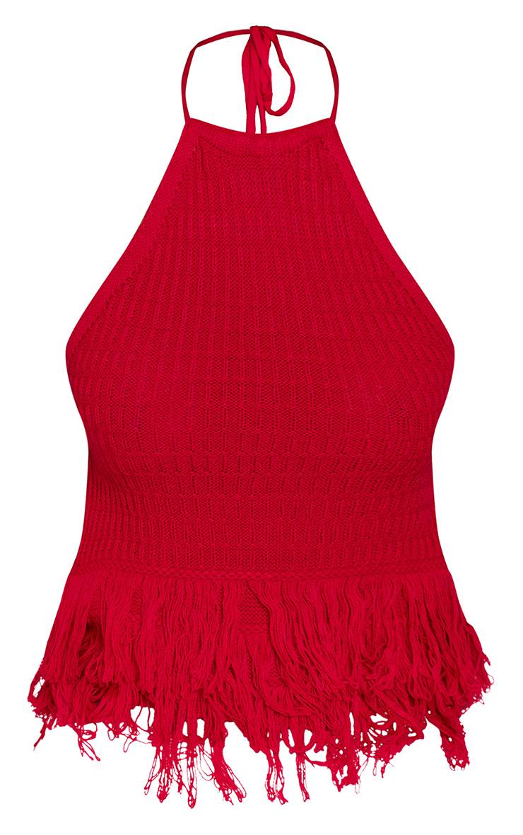 Rouge Haut En Maille À Franges Bouclées Avec Col Noué